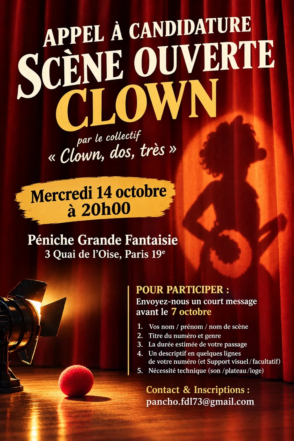 Affiche Scène Ouverte Clown, collectif Clown, dos, très